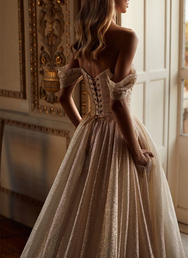 Off Shoulder Sequined Court Train Wedding Dress