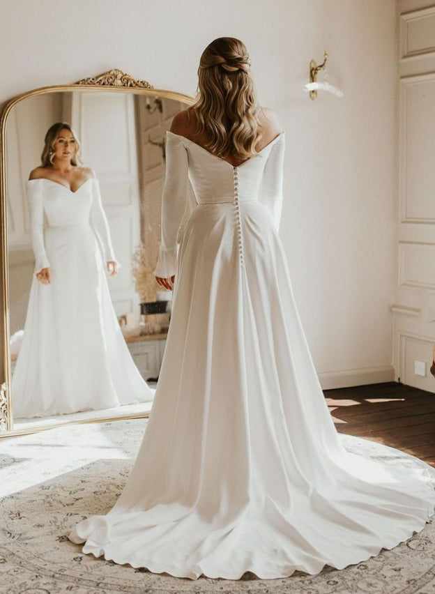 Off The Shoulder A Line Elastic Satin Wedding Dress with Long Sleeves