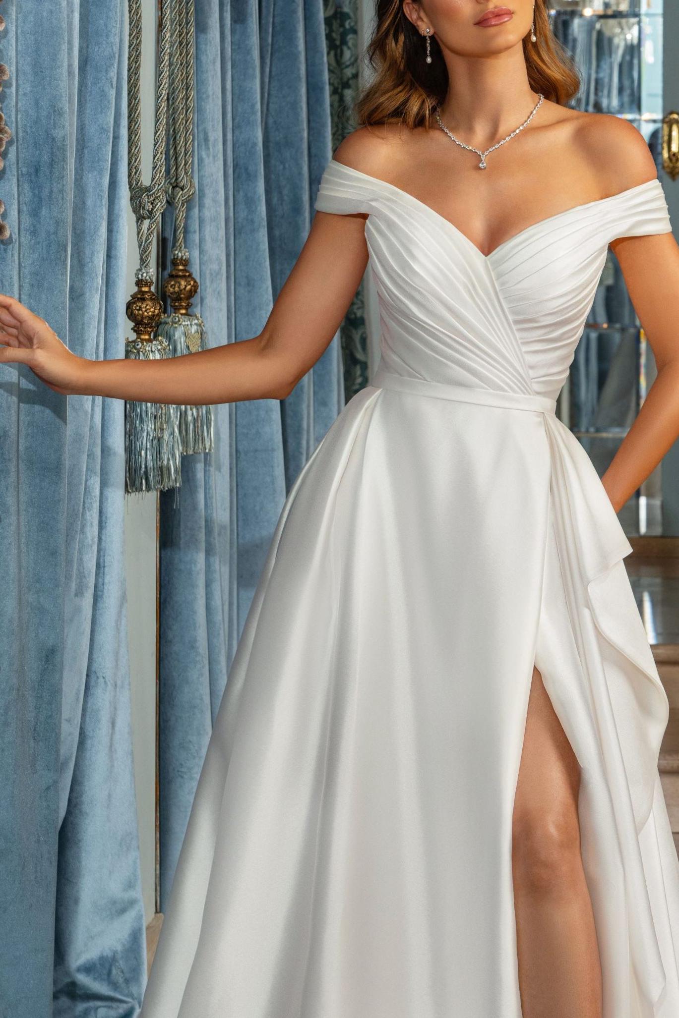 Off The Shoulder A Line Pleated Wedding Dress With Split Front