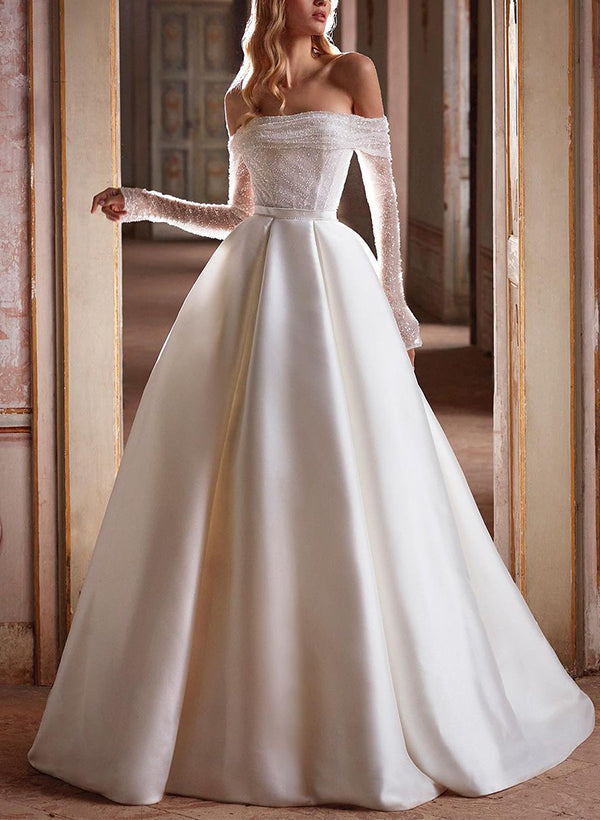 Off The Shoulder A Line Wedding Dress With Long Sleeves and Pockets Featuring Sequins