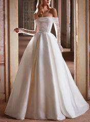 Off The Shoulder A Line Wedding Dress With Long Sleeves and Pockets Featuring Sequins