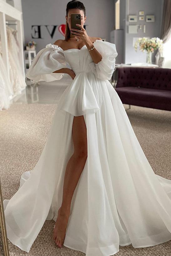 Off The Shoulder A Line Wedding Dress with Split Front and 1/2 Sleeves