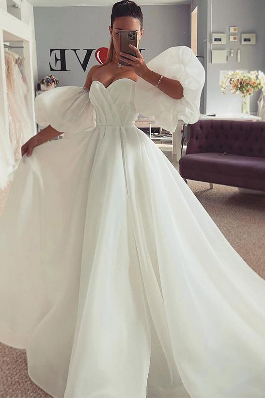 Off The Shoulder A Line Wedding Dress with Split Front and 1/2 Sleeves