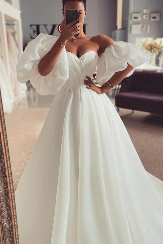 Off The Shoulder A Line Wedding Dress with Split Front and 1/2 Sleeves