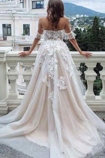 Off The Shoulder Appliques Wedding Dress A Line Tulle Bridal Dress