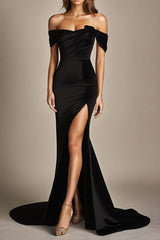 Off The Shoulder Black Wedding Guest Dress Mermaid Satin Long Formal Dress With Slit