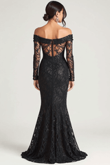 Dreamyannie Off The Shoulder Black Wedding Guest Dress Sheath Formal Dress With Lace Long Sleeves
