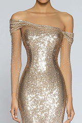 Off The Shoulder Champagne Wedding Guest Dress Mermaid Off The Shoulder Long Formal Dress