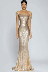 Off The Shoulder Champagne Wedding Guest Dress Mermaid Off The Shoulder Long Formal Dress