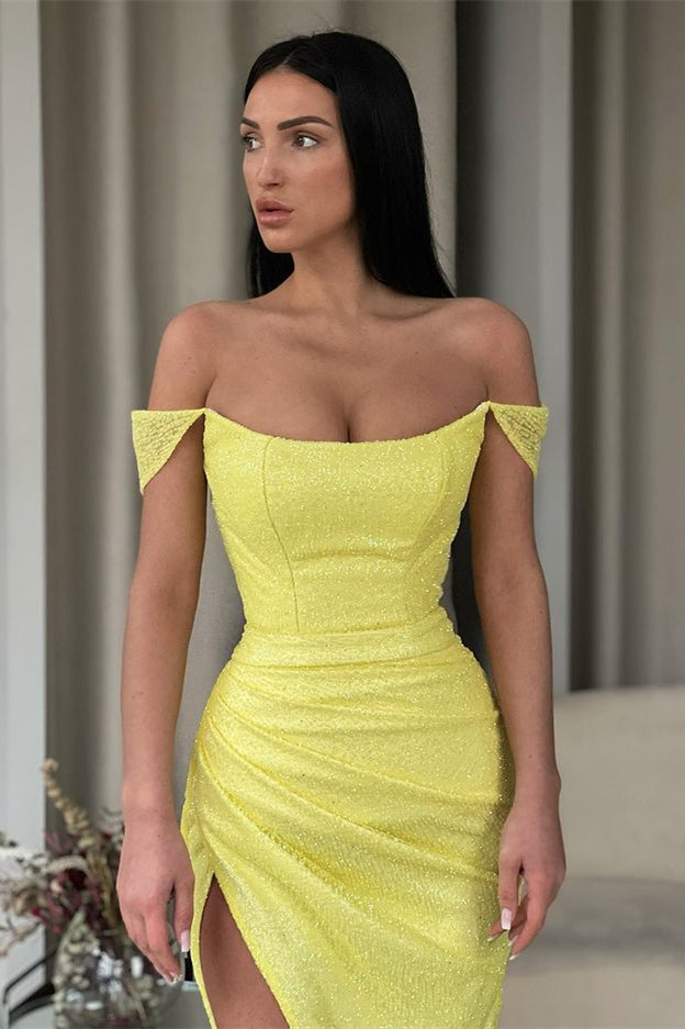 Off The Shoulder Daffodil Mermaid Prom Dress Sequins Long Split