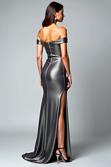 Off The Shoulder Dark Grey Sheath Long Formal Dress With Slit