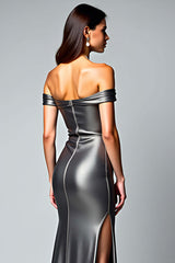 Off The Shoulder Dark Grey Sheath Long Formal Dress With Slit