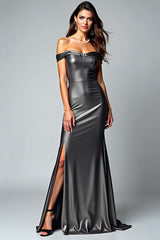 Off The Shoulder Dark Grey Sheath Long Formal Dress With Slit