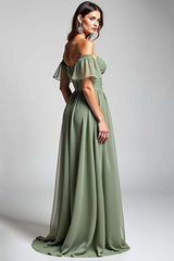 Off The Shoulder Dusty Sage Wedding Guest Dress Long Chiffon Formal Dress