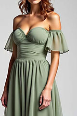 Off The Shoulder Dusty Sage Wedding Guest Dress Long Chiffon Formal Dress