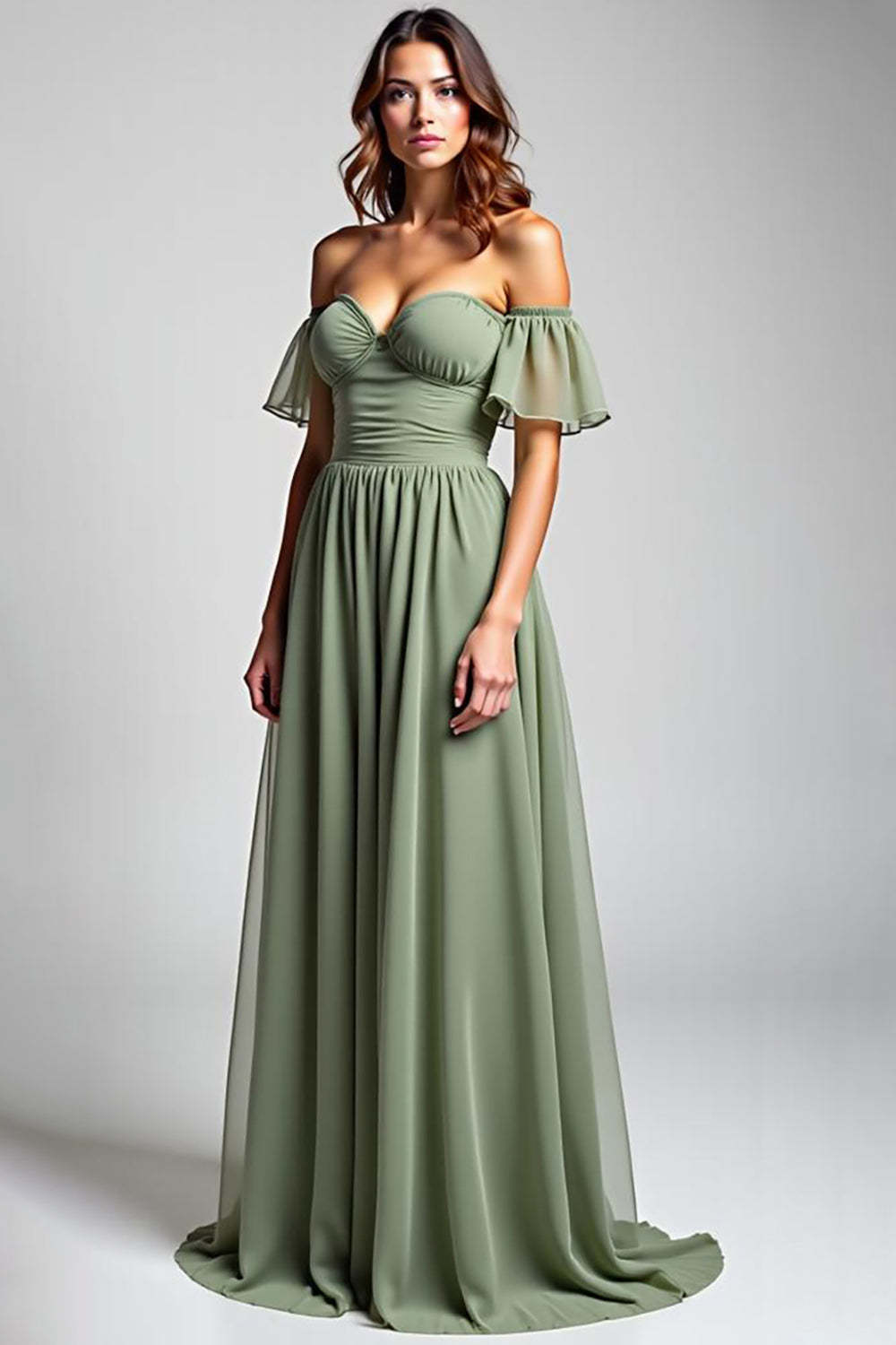Off The Shoulder Dusty Sage Wedding Guest Dress Long Chiffon Formal Dress