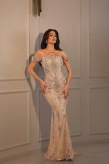 Off The Shoulder Formal Dress Beaded Tulle Sheath/Column Prom Dress