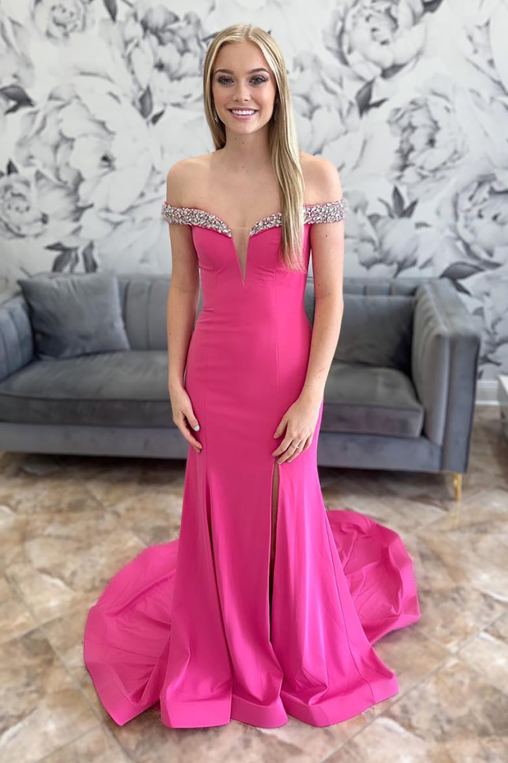 Off The Shoulder Fuchsia Prom Dress Long Formal Dress With Slit