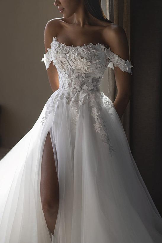 Off The Shoulder Lace/Tulle Wedding Dress With Split Front
