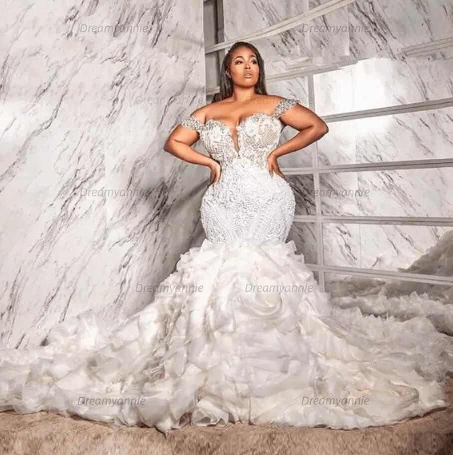 Off The Shoulder Mermaid Wedding Dress Lace Appliqued Bridal Gown with Ruffled Train