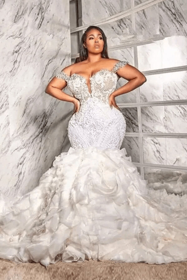 Off The Shoulder Mermaid Wedding Dress Lace Appliqued Bridal Gown with Ruffled Train