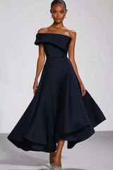 Off The Shoulder Navy Wedding Guest Dress A Line Long Formal Dress