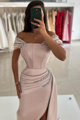Off The Shoulder Prom Dresses Beaded Satin Evening Formal Dresses