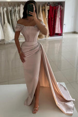 Off The Shoulder Prom Dresses Beaded Satin Evening Formal Dresses