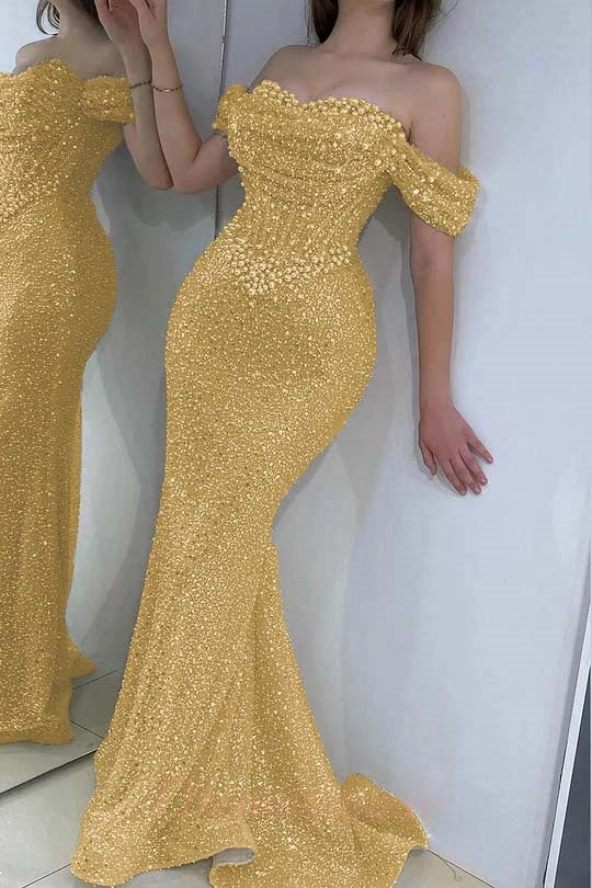 Off The Shoulder Prom Dresses Mermaid Sequined Evening Formal Dresses