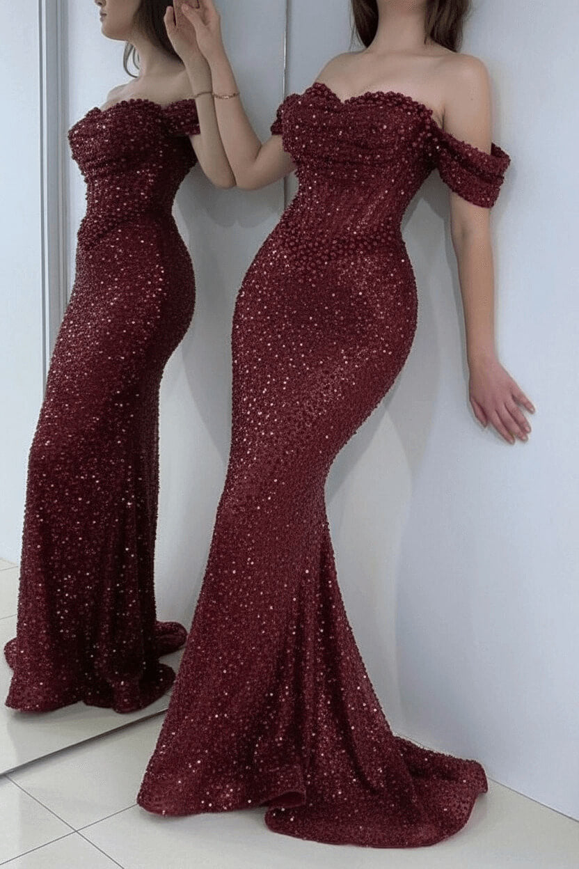 Off The Shoulder Prom Dresses Mermaid Sequined Evening Formal Dresses