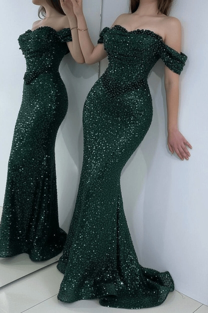 Off The Shoulder Prom Dresses Mermaid Sequined Evening Formal Dresses