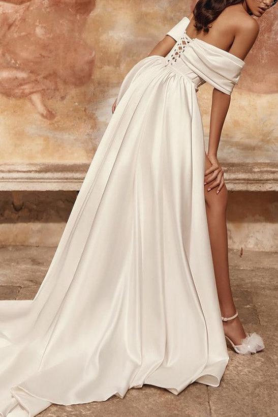 Dreamyannie Women Off The Shoulder Short Wedding Dress Satin Bridal Dress with Panel Train
