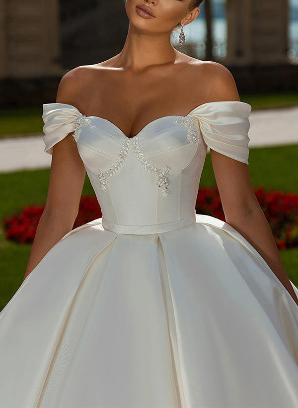 Off The Shoulder Sleeveless Satin Ball Gown Wedding Dress with Sweep Train