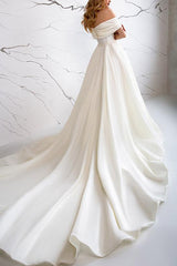 Off The Shoulder Sleeveless Satin Wedding Dress With Split Front A Line