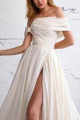 Off The Shoulder Sleeveless Satin Wedding Dress With Split Front A Line