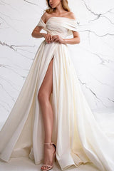 Off The Shoulder Sleeveless Satin Wedding Dress With Split Front A Line