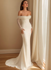 Off The Shoulder Sleeveless Sweep Train Sequined Wedding Dress With Panel Train