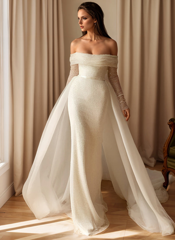 Off The Shoulder Sleeveless Sweep Train Sequined Wedding Dress With Panel Train