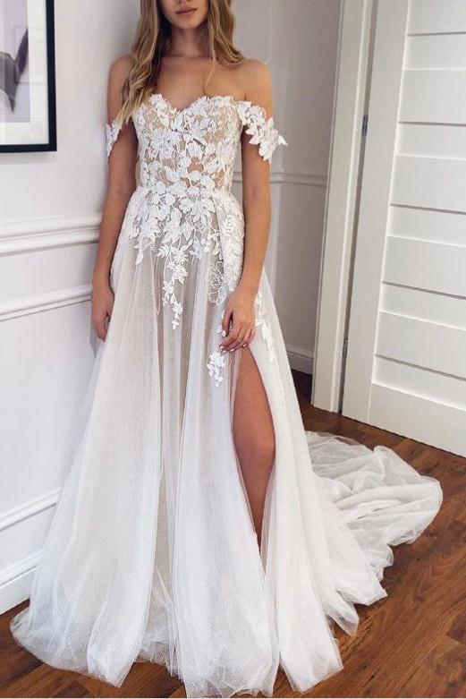 Off The Shoulder Slit Boho Lace Wedding Dress