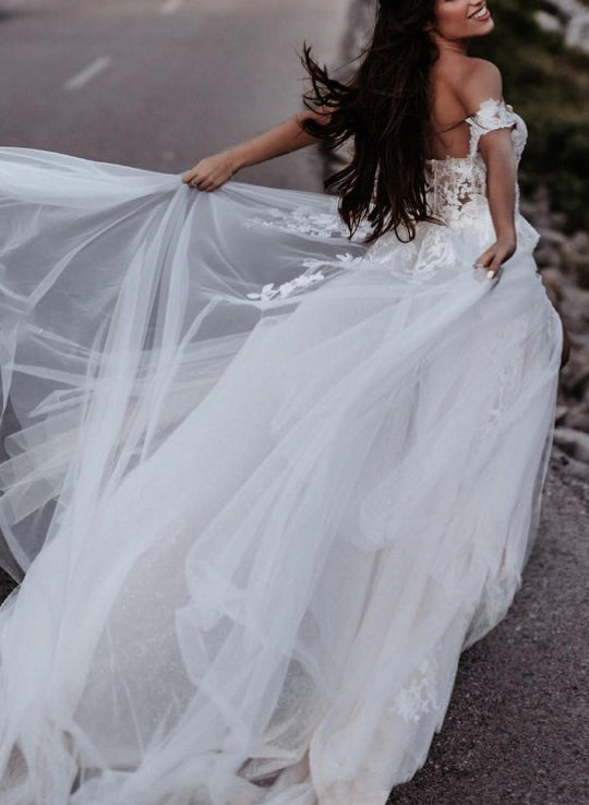 Off The Shoulder Slit Boho Lace Wedding Dress