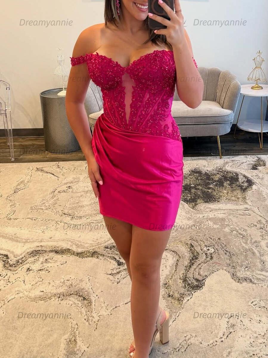Off the Shoulder Appliques Ruched Tight Homecoming Dress