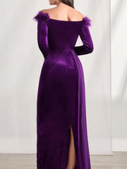 Off the Shoulder Asymmetrical Long Sleeve Sheath Column Dress with Feather for Mother of the Bride & Groom