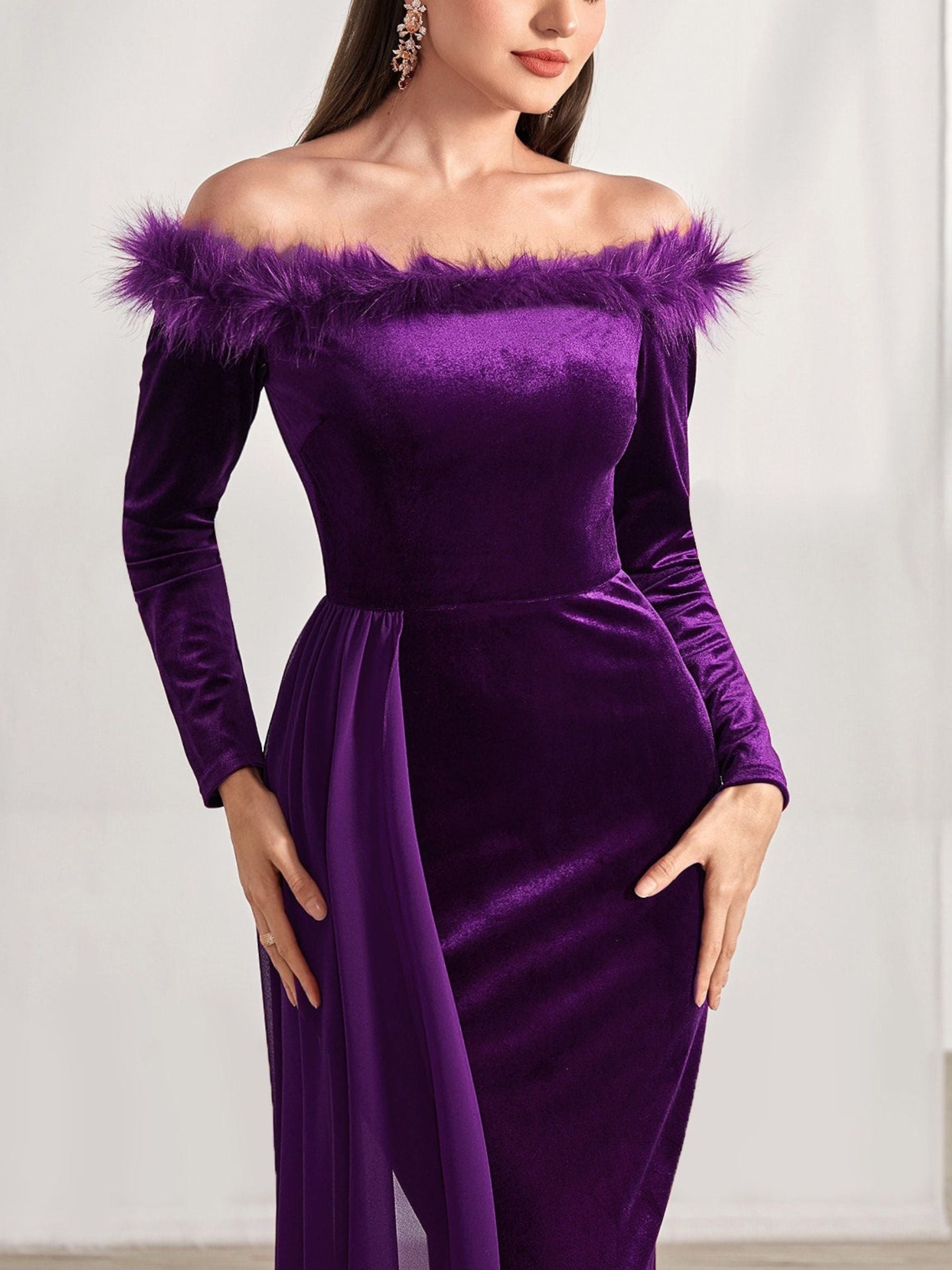 Off the Shoulder Asymmetrical Long Sleeve Sheath Column Dress with Feather for Mother of the Bride & Groom