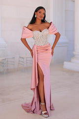 Off the Shoulder Beaded Prom Dresses Mermaid Evening Formal Dresses with Panel Train