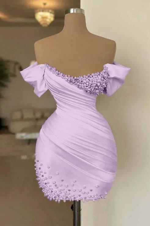 Off the Shoulder Homecoming Dress Sleeveless Short Cocktail Dress With Beading