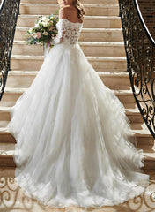 Off the Shoulder Lace Wedding Dress With Tulle and Long Sleeves