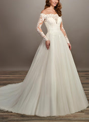 Off the Shoulder Lace Wedding Dress With Tulle and Long Sleeves