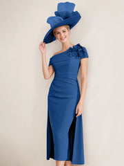 Off the Shoulder Pleated Tea Length Mother of the Bride Dresses with 3D Flower in Sheath Column Style
