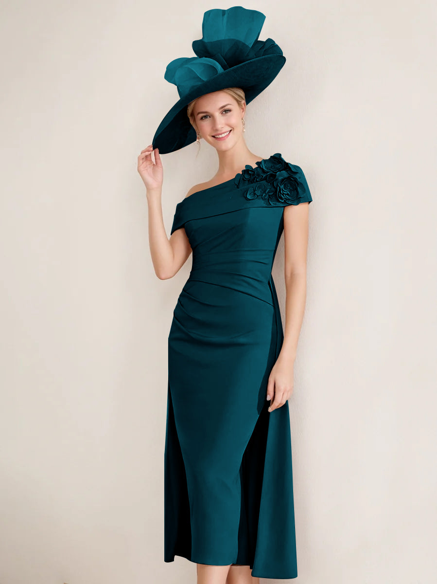 Off the Shoulder Pleated Tea Length Mother of the Bride Dresses with 3D Flower in Sheath Column Style