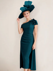 Off the Shoulder Pleated Tea Length Mother of the Bride Dresses with 3D Flower in Sheath Column Style